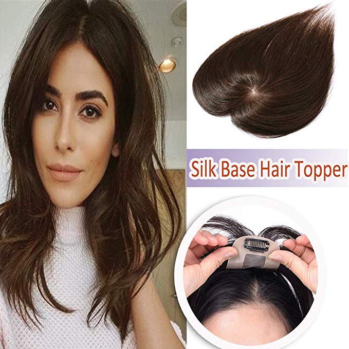 Elailite Silk Base Human Hair Toppers Women Clip in Top Hairpiece Toupee Thinning Hair Black Brown