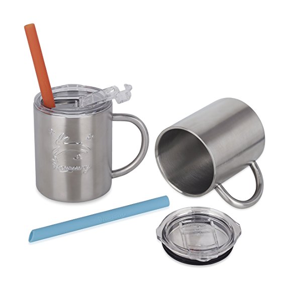 Housavvy 2 Pack of 10 Oz, Rabbit Stainless Steel Cup Set with Lids and Straws