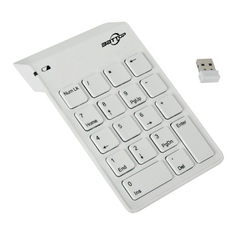 BATTOP 2.4G Portable Wireless Numeric Keypad for Laptop Notebook with Receiver&Built-in Receiver Storage-White