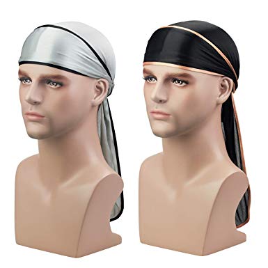 Silky Durag Headwraps (2PCS) with Extra Long Tail and Wide Straps for 360 Waves