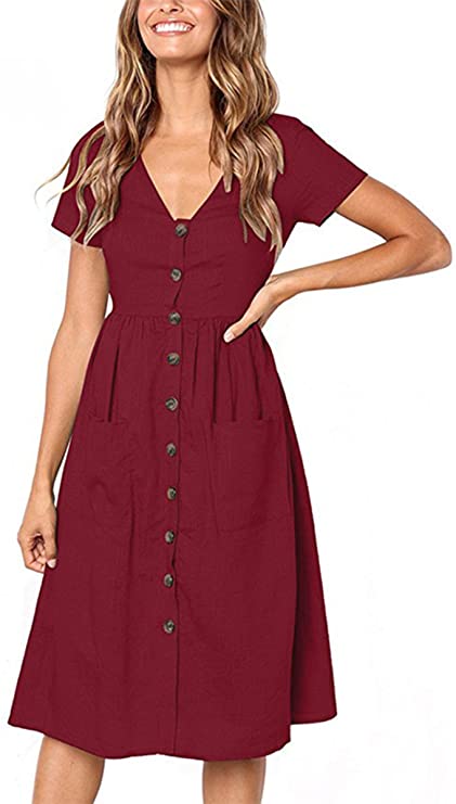 Angashion Women's Dresses-Short Sleeve V Neck Button Decoration T Shirt Midi Skater Dress with Pockets