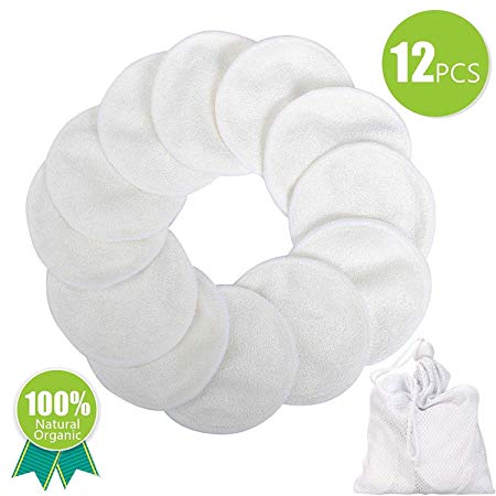 Reusable Makeup Remover Pads Cotton Rounds for Face,Smileplus Bamboo Organic Cotton Rounds Washable with Laundry Bag,12 Pieces (White)