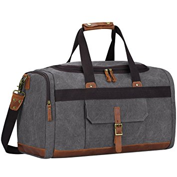 S-ZONE 33L Men's Overnight Weekend Canvas Leather Vintage Durable Canvas Crazy Horse Leather Travel Duffle Luggage Bag (Light Grey)