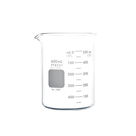 PYREX Griffin Borosilicate Glass Beaker- Low Form Graduated Measuring Beaker with Spout– Premium Scientific Glassware for Laboratories, Classrooms or Home Use - PYREX Chemistry Glassware, 600mL, 2/Pk