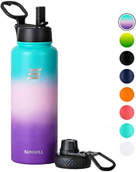 SUNWILL Insulated Water Bottle 40oz with Straw Stainless Steel Reusable Sports Bottle Large Metal Flask, Wide Mouth with Leak Proof Lid, Powder Coated Gradiant Cyan Purple