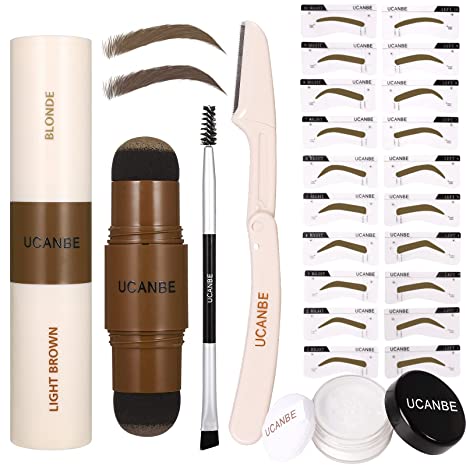 UCANBE 25PCS Eyebrow Stamp Stencil Kit With Dual-Color Eyebrow Stamp Pomade, 20 Reusable Eyebrow Stencils, Finising Powder, Double-Ended Brush, Eyebrow Razor, Zipper Pouch, Long Lasting Waterproof Eye Brow Stamping and Shaping Kit(Blonde Light Brown)