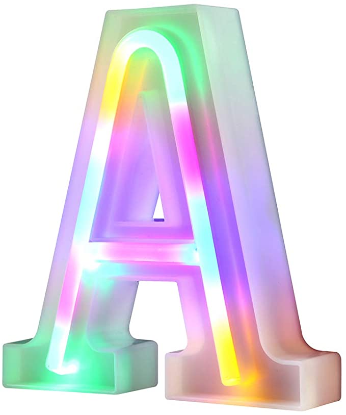 WARMTHOU Neon Letter Lights 26 Alphabet Letter Bar Sign Letter Signs for Wedding Christmas Birthday Partty Supplies,USB/Battery Powered Light Up Letters for Home Decoration-Colourful A