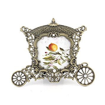 3"x3" Inches Antique Gold Tone Vintage Feel Pumpkin Carriage Family Picture Photo Frame