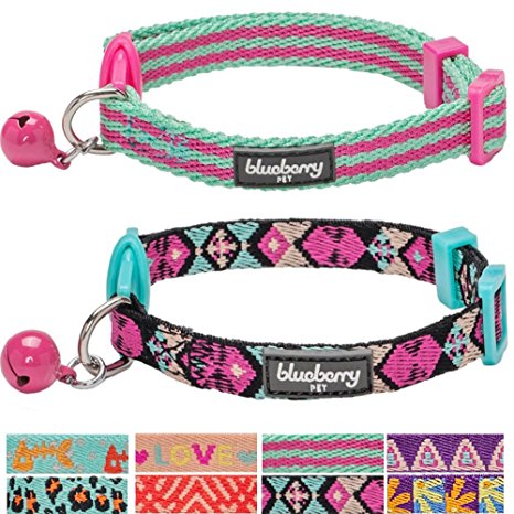 Blueberry Pet Pack of 2 Multiple Designs Adjustable Breakaway Cat Collar with Bell