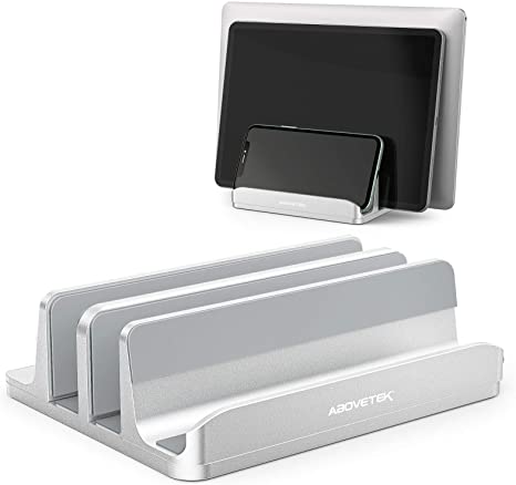 Vertical Laptop Stand - AboveTEK - 3 Slots for Computer, Tablet, Phone - Fits All Laptop Models （up to 17.3"） - Heavy Duty Polished Aluminum Desktop Holder - Anti Slide Silicone Grips - Silver