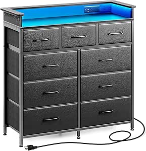 Rolanstar Dresser with LED Lights and Power Outlets, Tall Dresser for Bedroom, 9 Drawers Dresser with PU Finish, Fabric Chest of Drawers with Sturdy Frame and Wood Top, Living Room, Hallway, Black