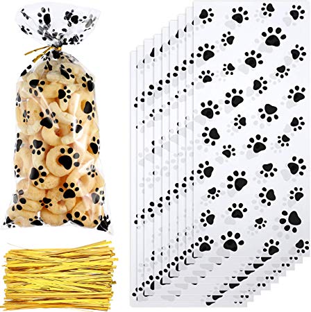 150 Pieces Clear Treat Bags Paw Print Cellophane Bags Pet Gift Bags with 150 Pieces Twist Ties for Party Supplies (Style 1)