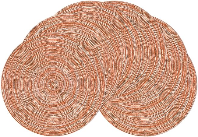 SHACOS Round Braided Placemats Set of 6 Two Tone Bicolor Woven Table Mats 15 inch Washable Dining Table Place Mats for Home Wedding Party, Dark Orange White