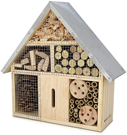 Navaris M Wooden Insect Hotel - 10 x 11 x 3 Inches - Natural Wood Insect Home Bamboo Nesting Habitat - Garden Shelter for Bees, Butterflies, Ladybugs