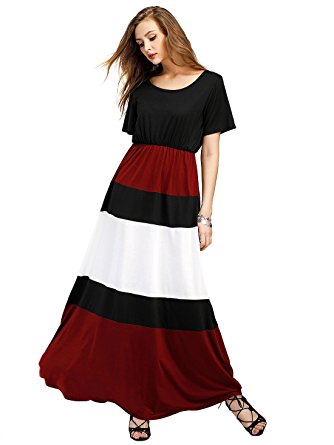 ROMWE Women's Casual Maxi Dress Short Sleeve High Waist Long Dress