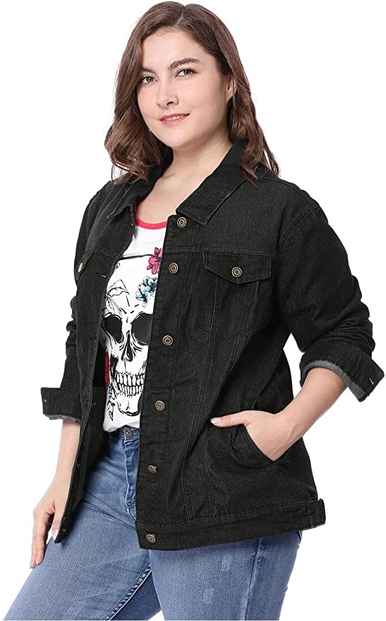 uxcell Women's Plus Size Button Down Washed Denim Jacket with Chest Flap Pocket