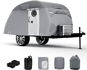 Umbrauto Teardrop Travel Trailer Cover Fits 12'-15' Trailers, 7 Layers Top Heavy Duty Waterproof Camper Cover with Windproof Strap for R-Pod Trailers, Clamshell Trailers