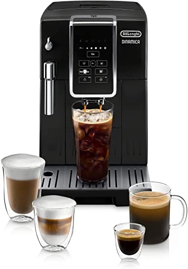 De'Longhi Dinamica Automatic Coffee & Espresso Machine, TrueBrew (Iced-Coffee), Burr Grinder   Descaling Solution, Cleaning Brush & Bean Shaped Icecube Tray, Black, ECAM35020B