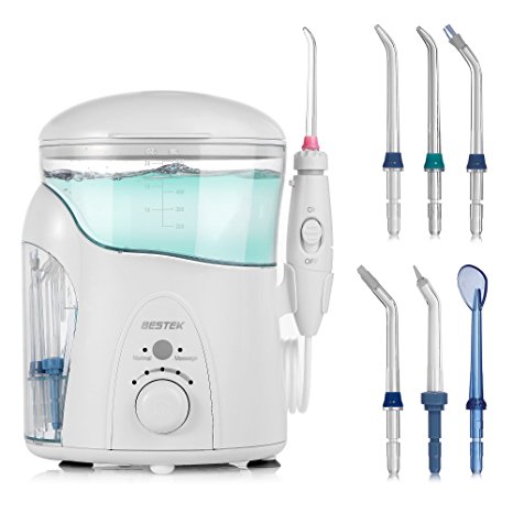 Dental Water Flosser - Professional Oral Irrigator BESTEK Power Dental Flosser 7 Multiple Nozzles 5 Pressure Settings&2 Flossing Modes Included 600ML White FC288