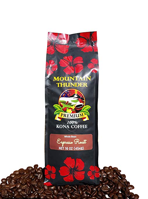 100% Kona Coffee Espresso Roast - 1 Pound Premium Gourmet Whole Bean by Mountain Thunder Coffee Plantation