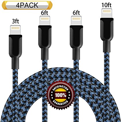 BULESK iPhone Charger 4Pack 3FT 6FT 6FT 10FT Nylon Braided Certified Lightning Cable for iPhone X,8 Plus,7,6S,6,SE,5S,5C,5, iPad,Mini,Air Pro, iPod (Black Blue)