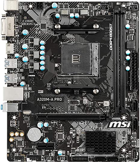 MSI A320M-A PRO Motherboard mATX, AM4, DDR4, LAN, USB 3.2 Gen1, DVI-D, HDMI, 16M BIOS ROM, AMD RYZEN 1st, 2nd and 3rd Gen