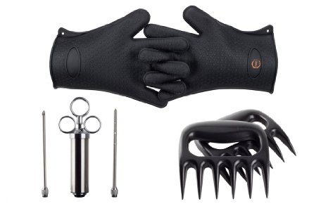 TeiKis® [Set of 1 x BBQ Gloves   1 x Bear Paws Meat Handler   1 x Seasoning Injector Grilling] Heat Resistant Barbeque Grill Kit, Grill and Smoker accessories for your Baking and Cooking