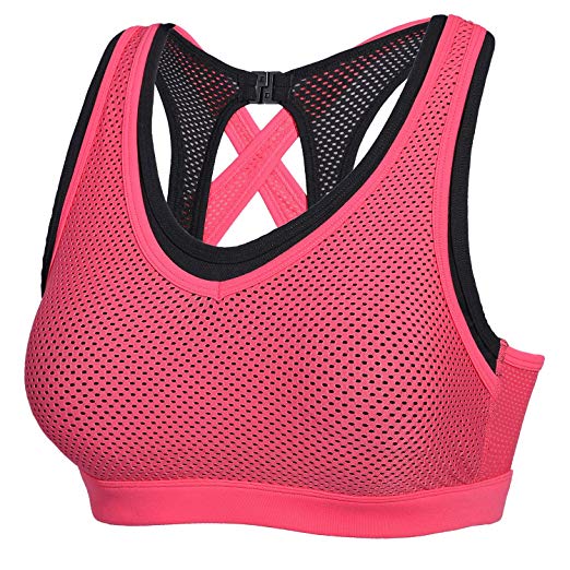 CRZ YOGA Women's Double Layer Crochet Mesh Wirefree Padded Yoga Sports Bra