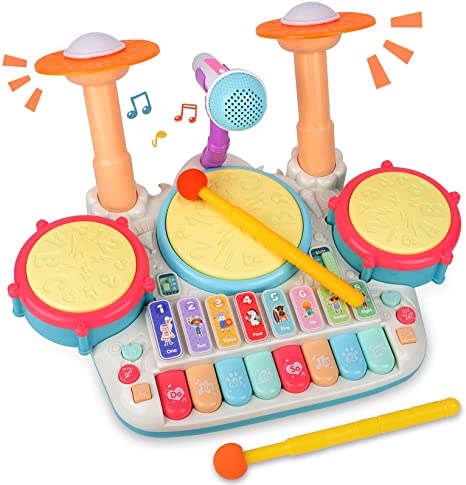 5 in 1 Kids Drum Set, Rabing Kids Piano Electric Musical Instruments Toys with 2 Drum Sticks, Beats Flash Light and Adjustable Microphone, Birthday Gift for 1-12 Years Old Boys and Girls …