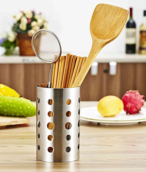 Topoko High Quality Thick Stainless Steel Circular Hole Tableware Cage Chopsticks Tube Storage, Brush Holder, kitchen caddy, Utensil Holder (4X7 Inch)