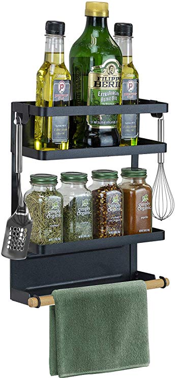 Sorbus Magnet Spice Rack Organizer for Refrigerator, 3-Tier Magnetic Storage Shelf with Paper Towel Holders and 5 Hooks, Multi-purpose, (Medium, Black)