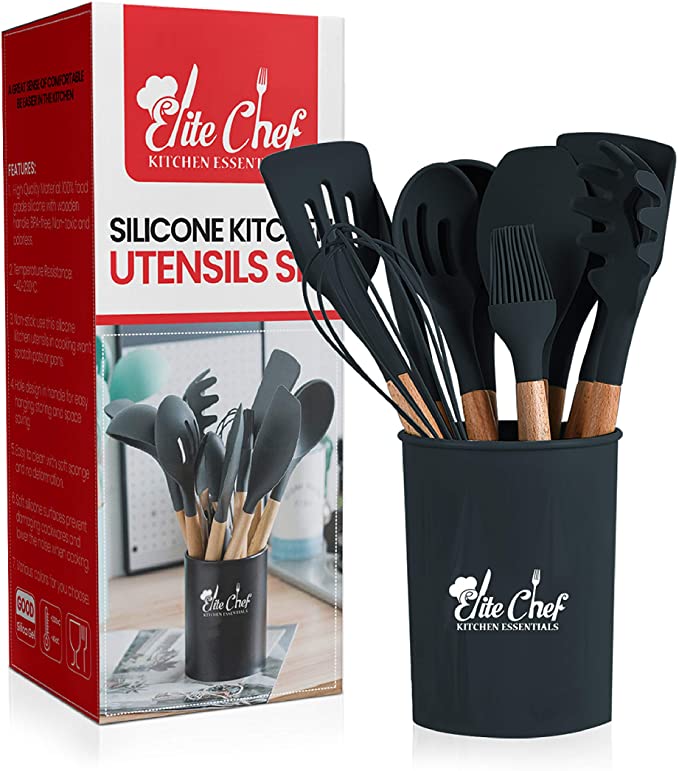 Dark Grey Elite Chef 12 Pcs Silicone Kitchen Utensils Set Cooking Utensil Set with Wooden Handles Nonstick Tool Kit with Spatula, Cooking Spoon, Holder, and More Accessories Heat-Resistant Tools