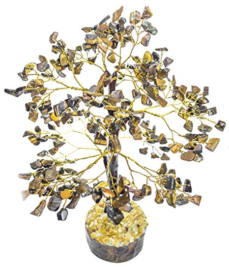 Crocon Natural Healing Gemstone Crystal Bonsai Fortune Money Tree for Good Luck, Wealth & Prosperity Spiritual Gift Size 10-12 Inch (Tiger Eye (Golden Wire))