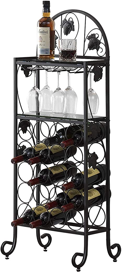 VECELO Metal Wine Rack Table with Glasses Holder, Freestanding Floor Bottles Bar Storage & Display Shelf for Kitchen Dining Living Room, Holds 20, Black