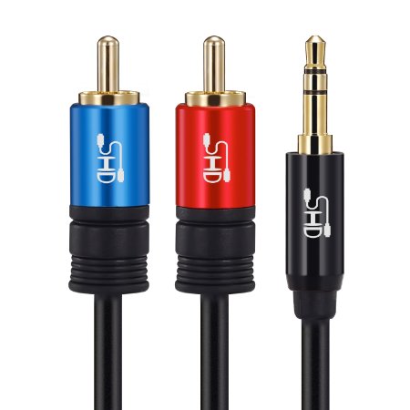 Super HD 3.5mm Aux to 2RCA Y Splitter Stereo Audio Cable Male Type OFC Conductor High Flexible PVC Jacket Dual Shielding Gold Plated High End Metal Shell-Black 3Feet/1m