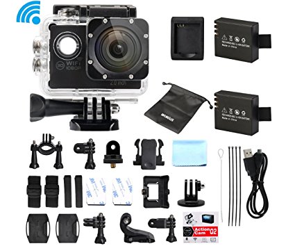 WiMiUS Q2 Black 1080P Wifi 98ft Waterproof Action Camera With HD12 MP, 170 Degree Wide Angle, 2.0 Inch LCD Screen,2 Pieces Batteries,30 All In One Kit Set (SD Card Exclude)