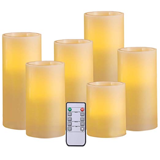 AMAGIC Pack of 6 Flameless Candles with Remote and Timer - Wax LED Pillar Candles Bulk, Battery Operated Candles for Home Decorations and Gifts(Ivory, H 4" 5" 6" 7" 8" 9" x D 3")