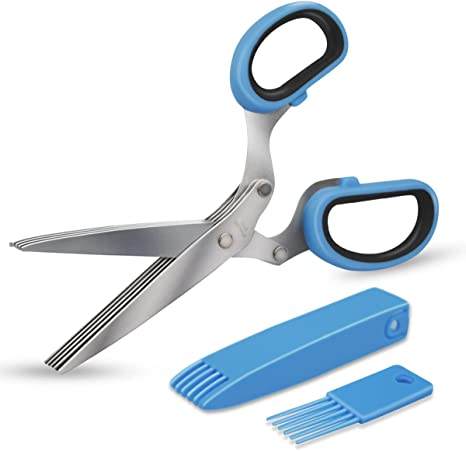 5 Blade Herb Scissors Kitchen Herbs Shears Cutter Set Multipurpose Cutting Shear with 5 Stainless Steel Blades & Safety Cover & Cleaning Comb Salad Sizzors Cilantro Chive Parsley Scissors (Blue Black)