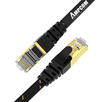 CAT7 Shielded Ethernet Cable - AMPCOM Flat Network Patch Cord (10G 600MHz) with Gold Plated Lead & Shielded RJ45 Connectors for Modem, Router, TV, Patch Panel, PC, Laptop - 6ft (2 Pack) | Black