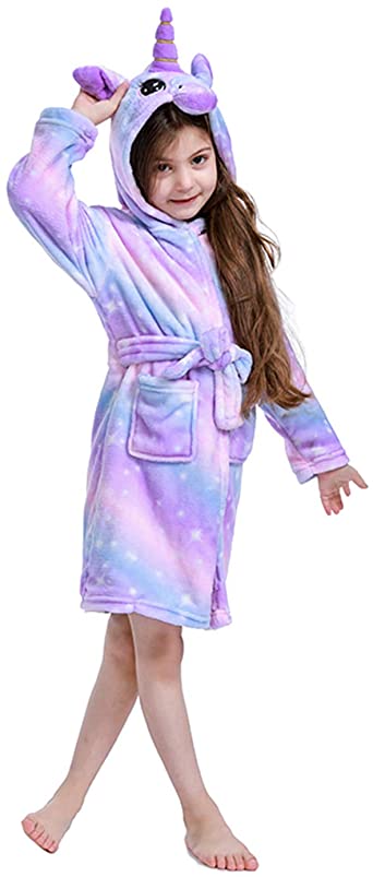 TwoShawl Boys Girls Bathrobes,Unisex Children's Plush Soft Flannel Robes Hoodie Unicorn Sleepwear, 2Years - 11Years