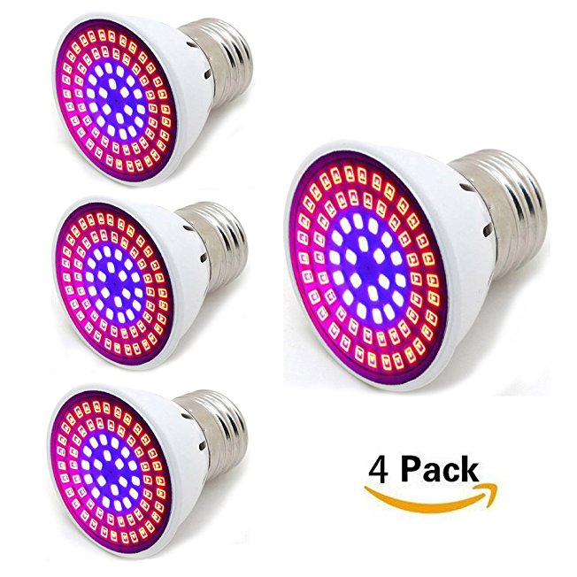 [Pack of 4] RAYWAY LED Grow Light bulb, 72 leds Grow Plant Light for Hydropoics Greenhouse Organic ( E26 E27 52Red 20Blue)