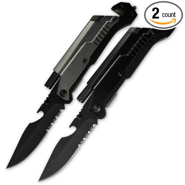 2X 1 Black and 1 Silver Rogue River Tactical 6-in-1 Multitool Rescue Pocket Knife with Flint Fire Starter, LED Flashlight, Bottle Opener, Belt Cutter and Windows Breaker Drop Point Blade Collection