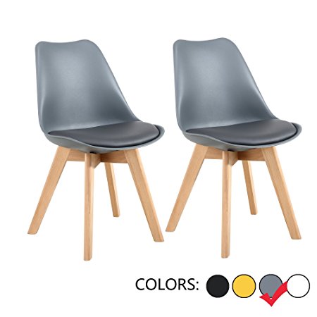 LSSBOUGHT Set of 2 Eames-Style Soft Padded Seat Dining Chairs with Solid Wooden Legs (Gray)