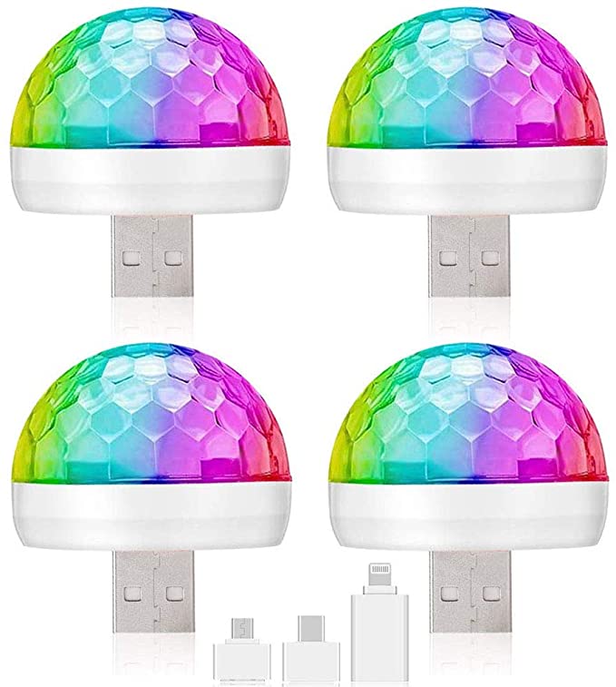 Pack of 4 Mini USB Disco Light Led Magic Disco Ball Lamps Sound Activated Multi-Color Car Atmosphere Lights Strobe Light for Home Room Party Birthday DJ Bar Karaoke Xmas Wedding Show