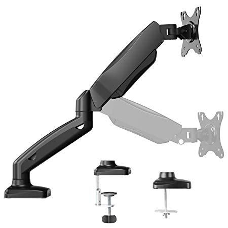 Single Monitor Stand - Articulating Gas Spring Monitor Arm, Adjustable VESA Mount Desk Stand with Clamp and Grommet Base - Fits 13 to 27 Inch LCD Computer Monitors up to 14.3lbs, VESA 75x75, 100x100