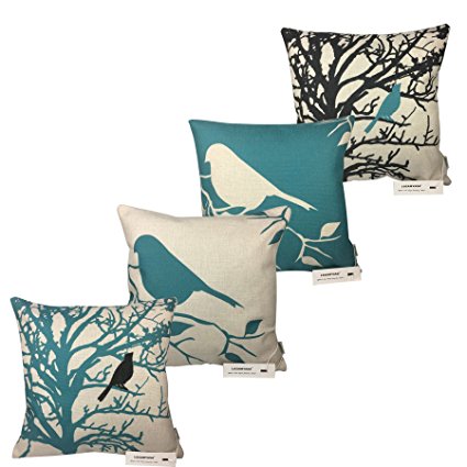 LAZAMYASA Square Cartoon Bird Printed Cushion Cover Cotton Throw Pillow Case Sham Slipover Pillowslip Pillowcase For Home Sofa Couch Chair Back Seat,4PCS,Teal Green,18x18in