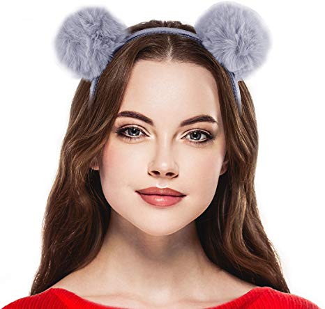 Lux Accessories FauxFur Pom Cat mouse Ear Puff Ear Halloween Headband