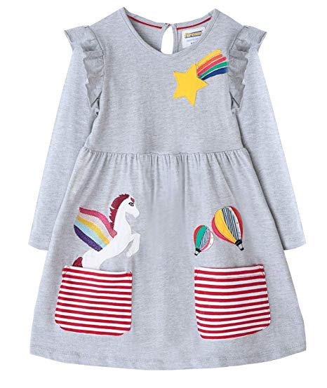 Fiream Toddler Girls Cotton Longsleeve Casual Dresses Applique Cartoon