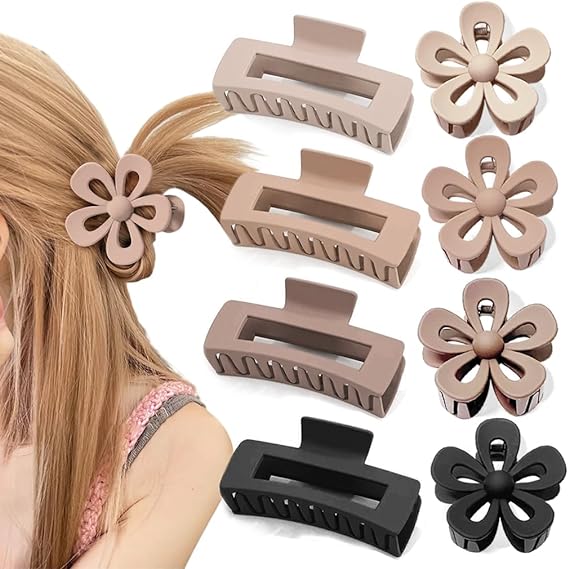 8 Pack Medium Claw Clips for Women Girls 4.3" Cute Flower Square Clips, Matte 2 Styles Claw Hair Clip for Thick Thin Hair