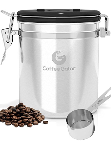 Coffee Canister - Ground or Whole Beans Fresher for Longer - FREE eBook & SCOOP worth £6.95 - Premium Quality Stainless Steel Coffee Container by Coffee Gator